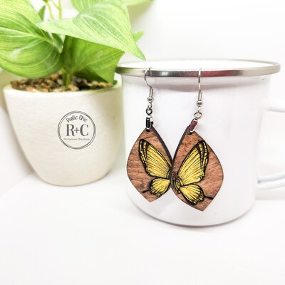 Butterfly Teardrop Dangle Earrings, Hypoallergenic, Stainless Steel, Wood, Light-weight - image5
